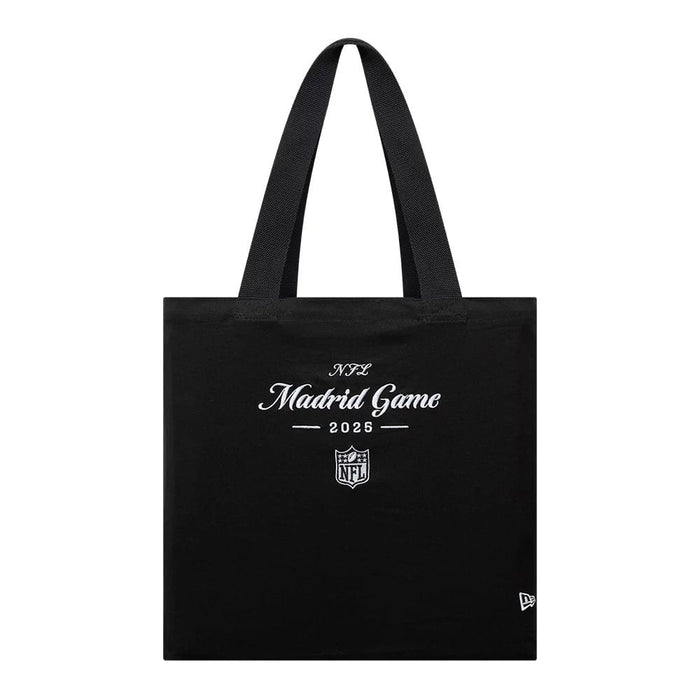 This is a Shield Logo NFL Madrid Game 2025 Black Tote Bag 1