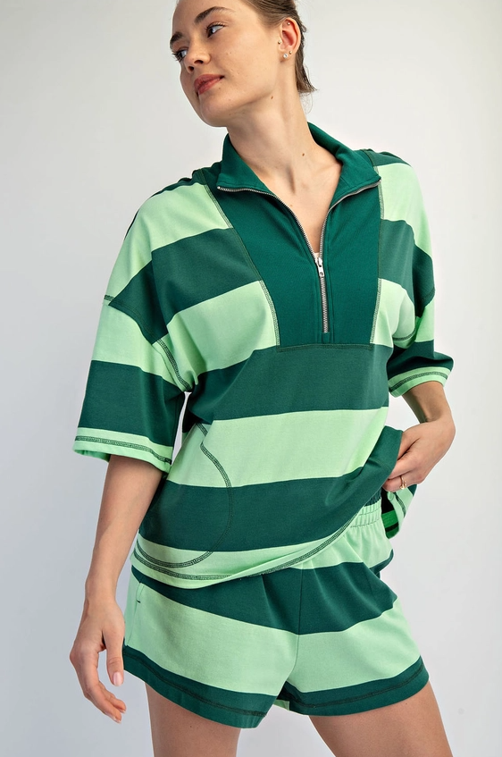 Striped Cotton Green/Mint Quarter Zip Pullover Activewear in S at Wrapsody