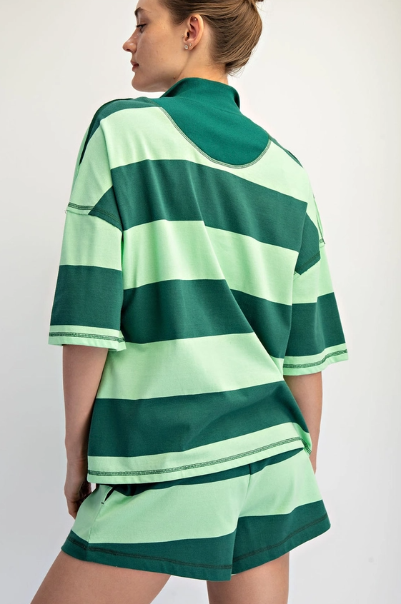 Striped Cotton Green/Mint Quarter Zip Pullover Activewear in at Wrapsody
