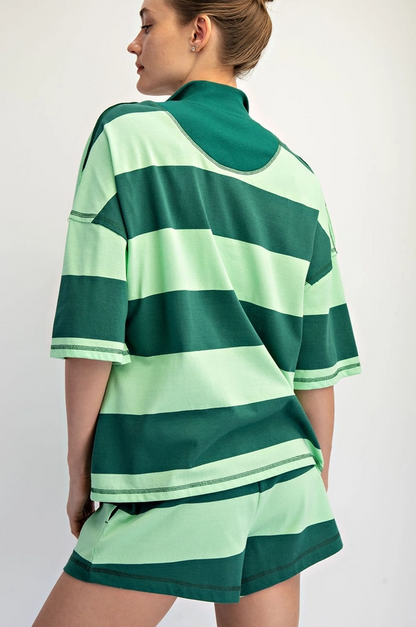 Striped Cotton Green/Mint Quarter Zip Pullover Activewear in at Wrapsody