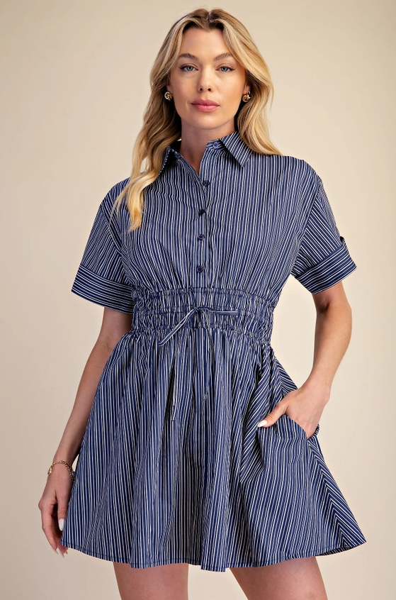 Striped Navy Mini Dress Dresses in at Wrapsody