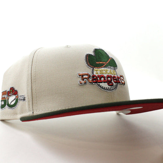 Texas Rangers 50th Anniversary New Era 59Fifty Fitted Hat (GITD Stone SeaWeed Pinot Under Brim)