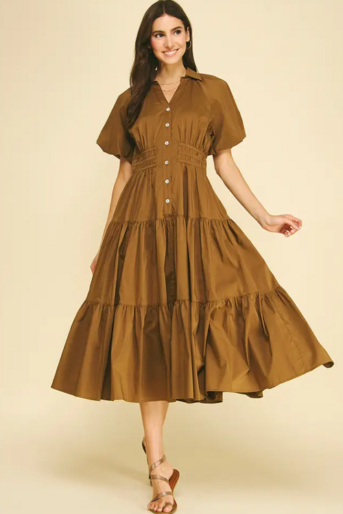 Tiered Button-Down Midi Dress Dresses in S at Wrapsody