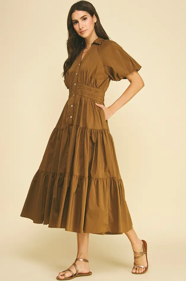 Tiered Button-Down Midi Dress Dresses in at Wrapsody